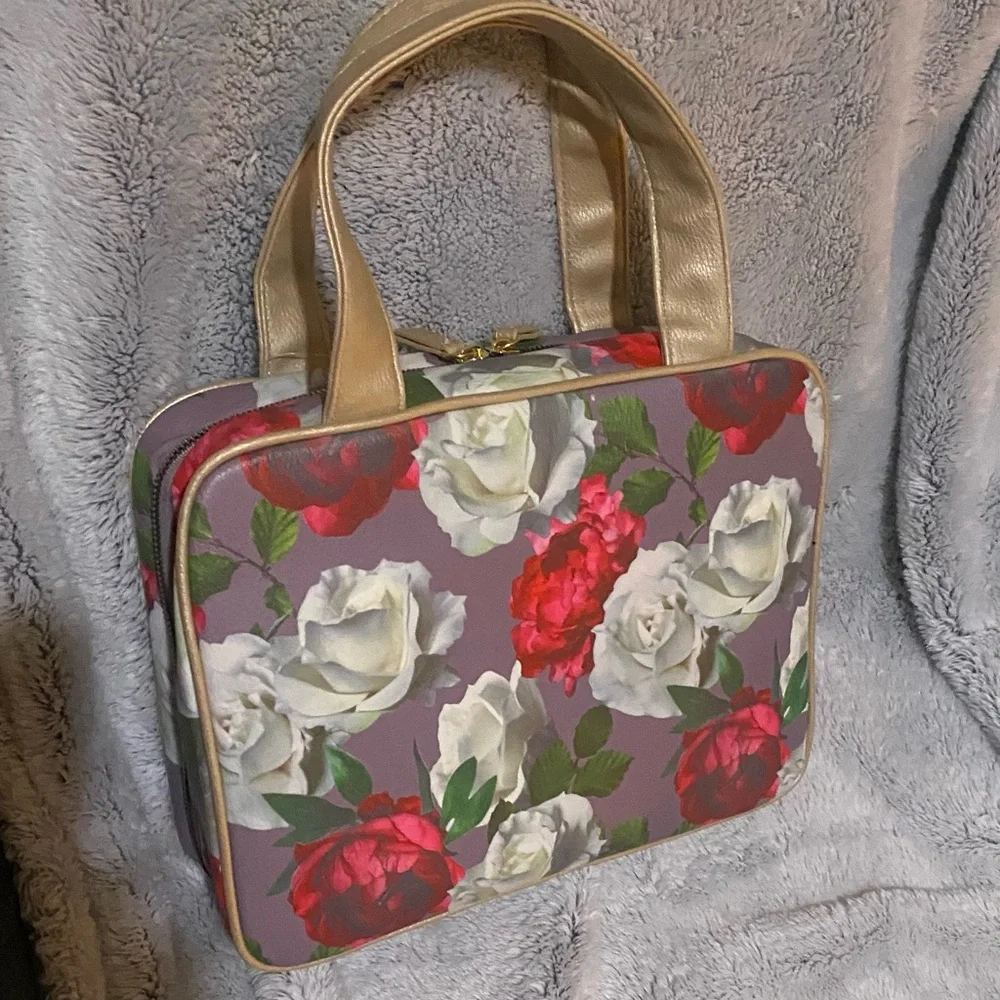 Gold and Red Cosmetic Bag with Floral Design